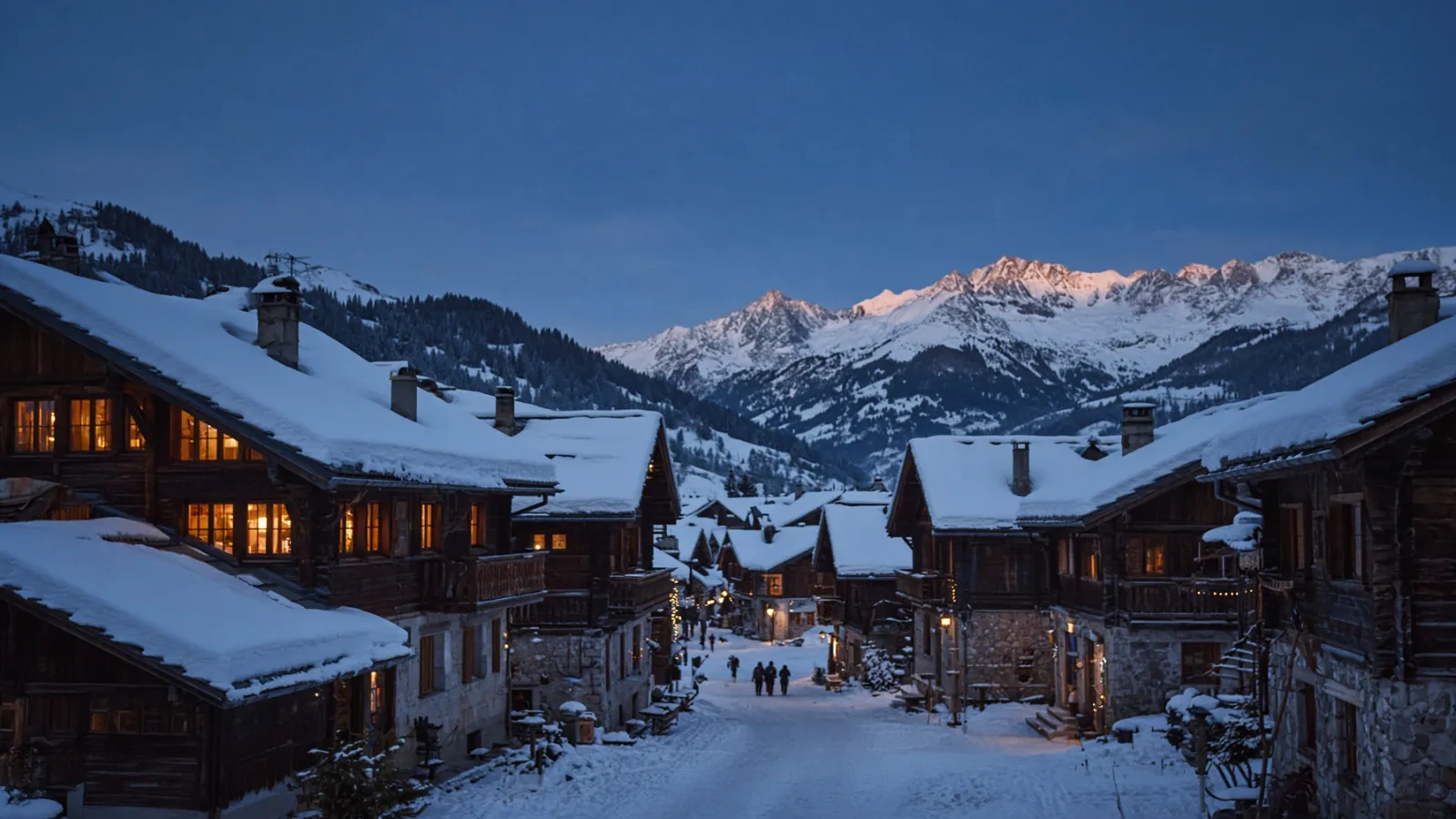 Village de chalets enneigés à l'heure bleue, fenêtres éclairées, un soir de fin décembre